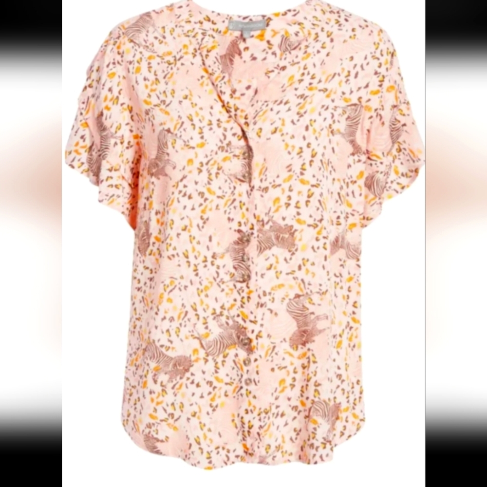 Pink and Yellow Flutter Sleeve Ruffled Blouse